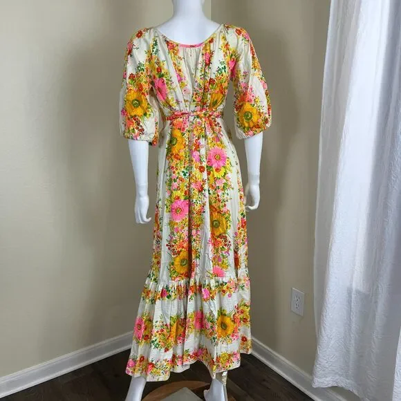 Vintage Miss Elaine Women Size S Floral Ruffle Maxi Dress 70s Retro Boho Peasant - Picture 15 of 17